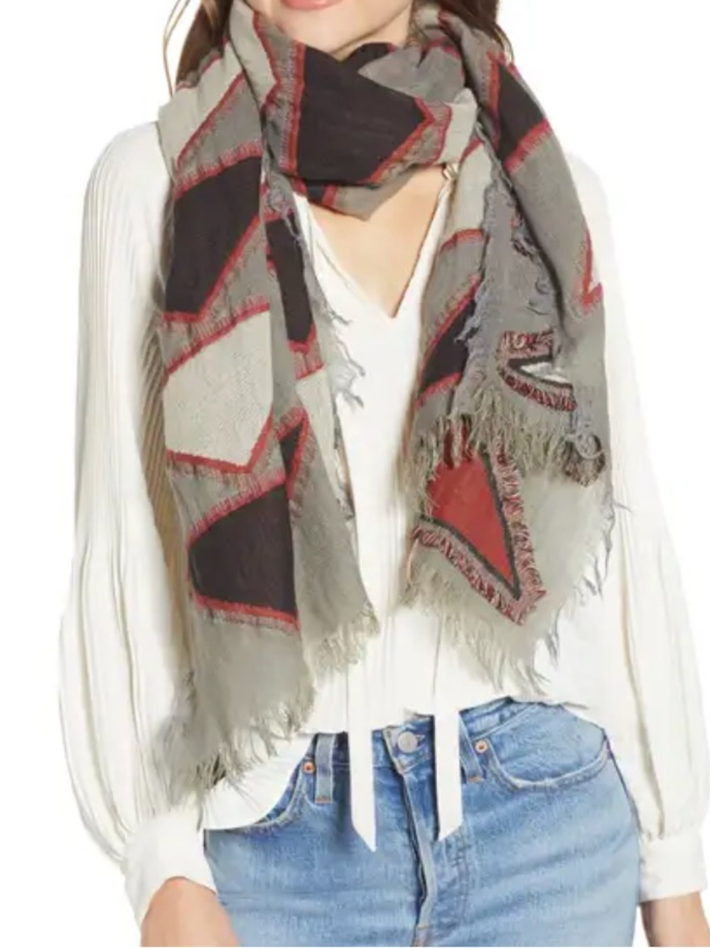 New without tags Frye Gray Scarf or Wrap with Triangles and Fringe